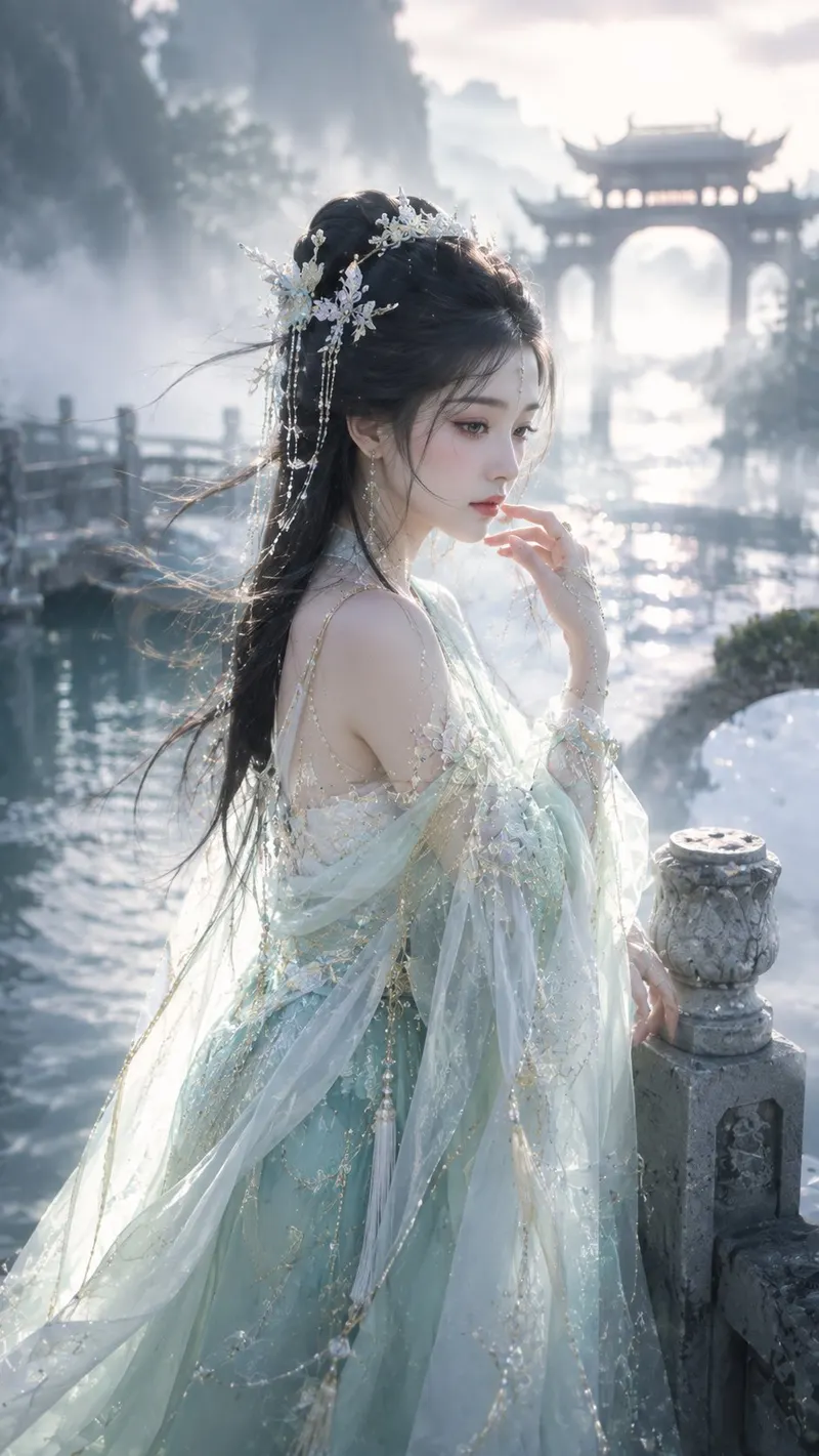 GPT Image 2生成古风图片：雾锁寒潭。 提示词： 9:16 竖版，高精度古风仙侠角色海报写真，偏写实东方幻想人像摄影质感，清晨寒潭、雾桥、山门场景，画面… — GPT Image 2 prompt by @liyue_ai