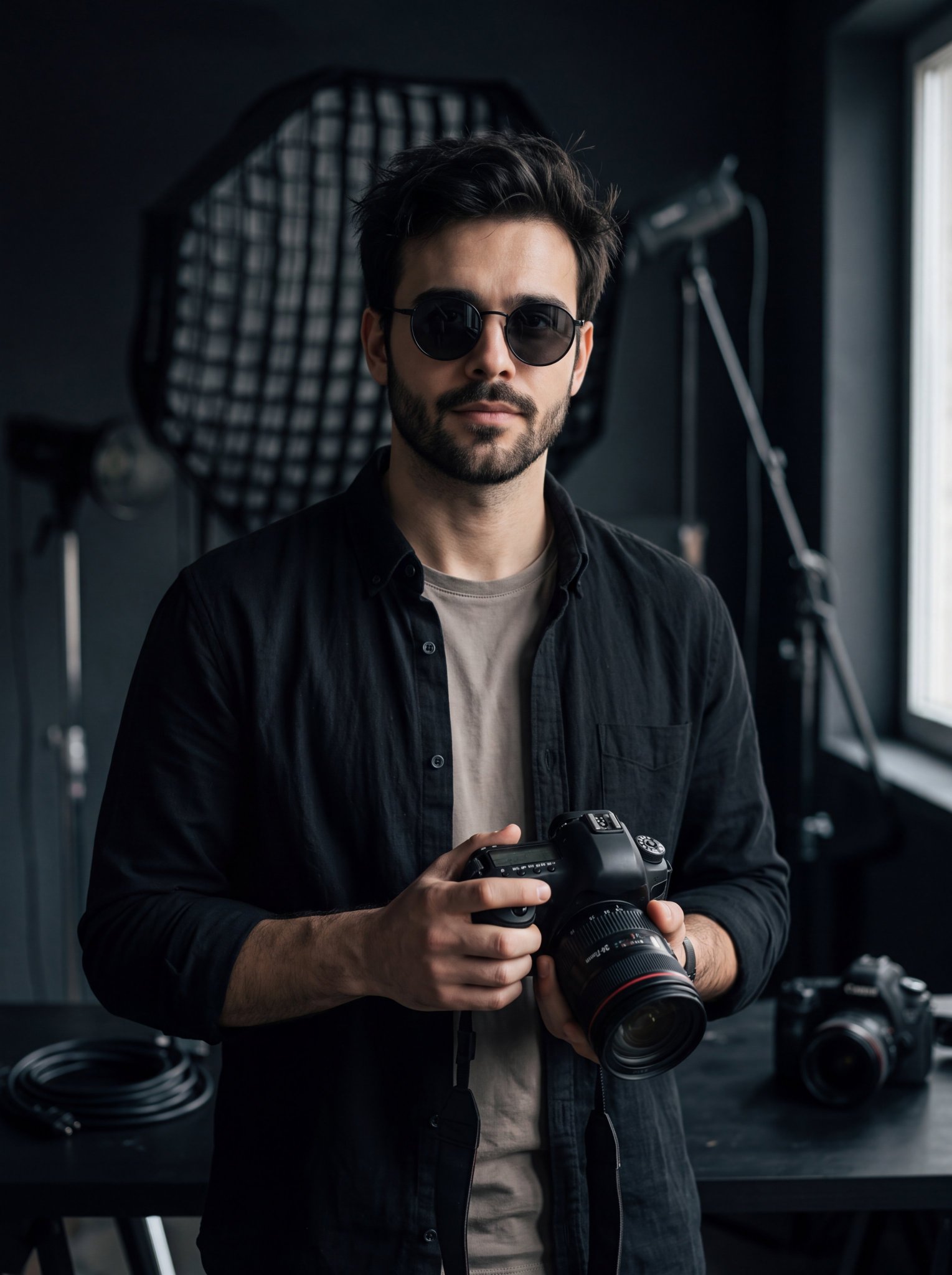 A medium close-up cinematic portrait of a young handsome man with round dark… — AI-generated image by @rovvmut_ using Nano Banana 2