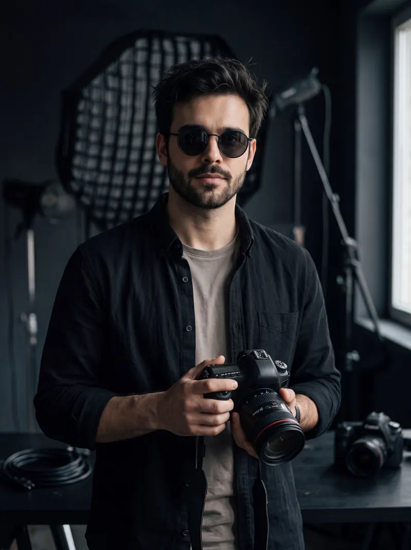 A medium close-up cinematic portrait of a young handsome man with round dark… — Nano Banana 2 prompt by @rovvmut_