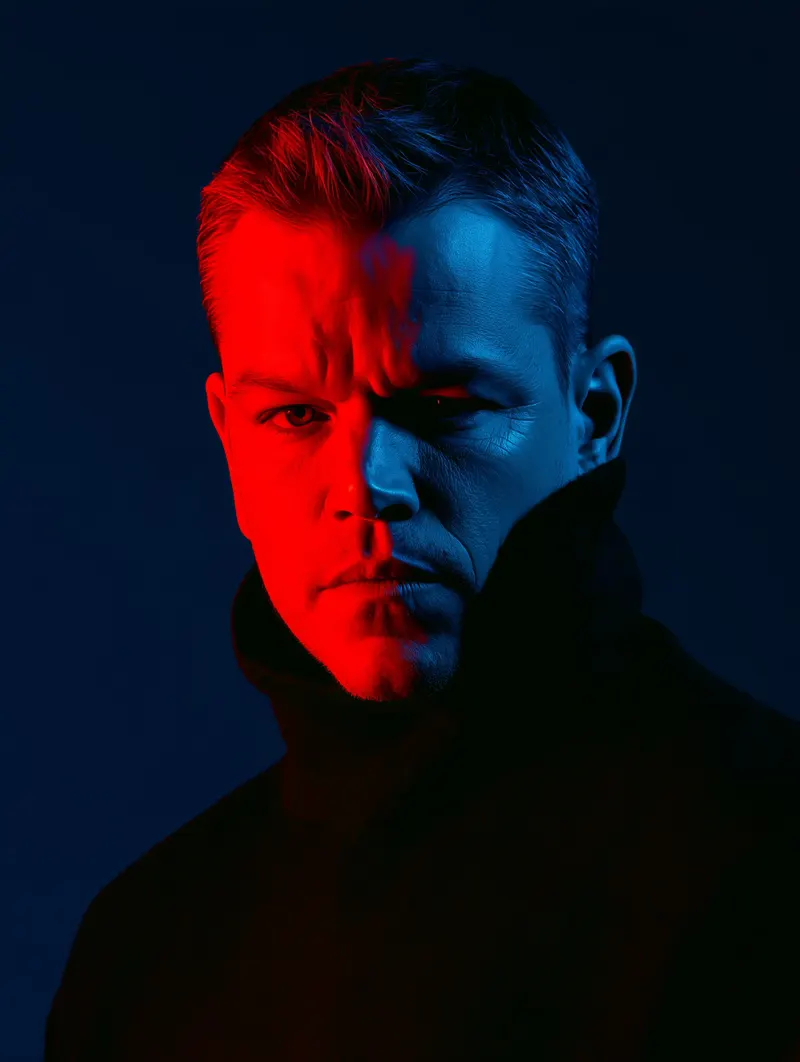 Matt Damon, Brad Pitt Idris Elba, Keanu Reeves Duotone of Javier Bardem. The… — Midjourney prompt by @michaelrabone