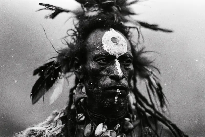 Asmat chief with white tribal face paint, wearing buffalo and deerskin… — Midjourney prompt by @michaelrabone