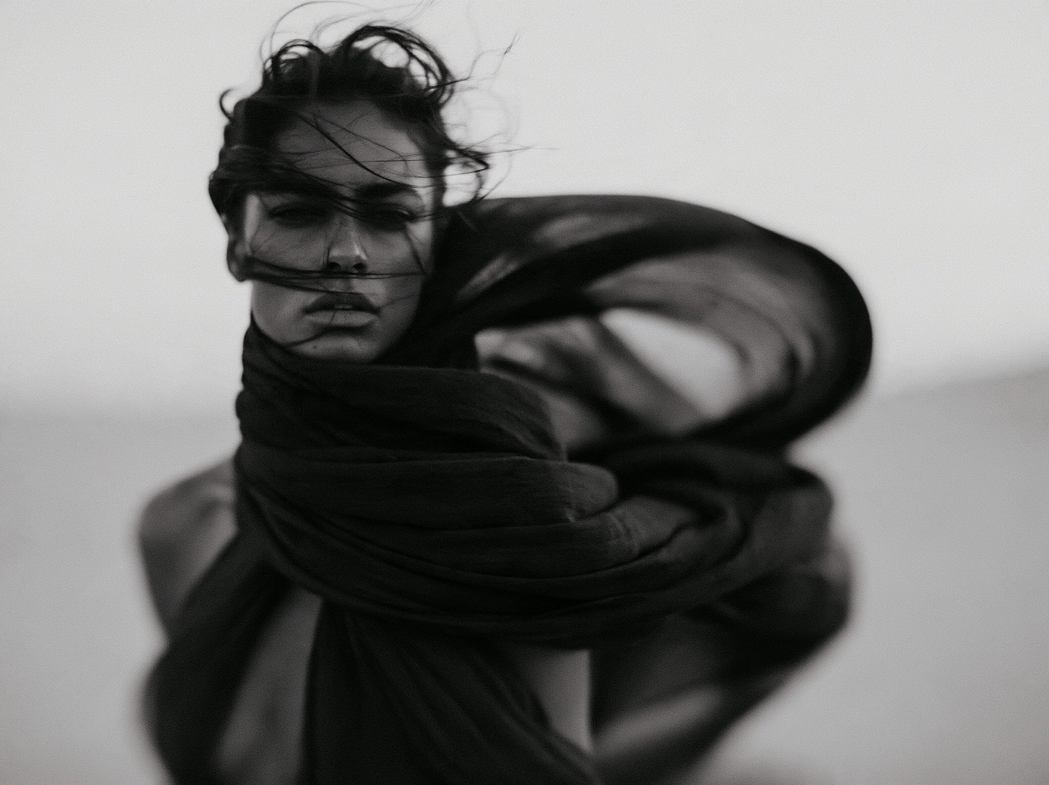 Midjourney --profile dnmiwx7 Black and white cinematic wide open photography of… — AI-generated image by @michaelrabone using Midjourney