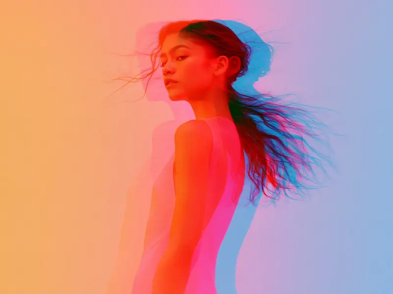 Mixing 5 Ultraviolet Neon Styles Zendaya wearing a glamorous white bodycon… — Midjourney prompt by @michaelrabone