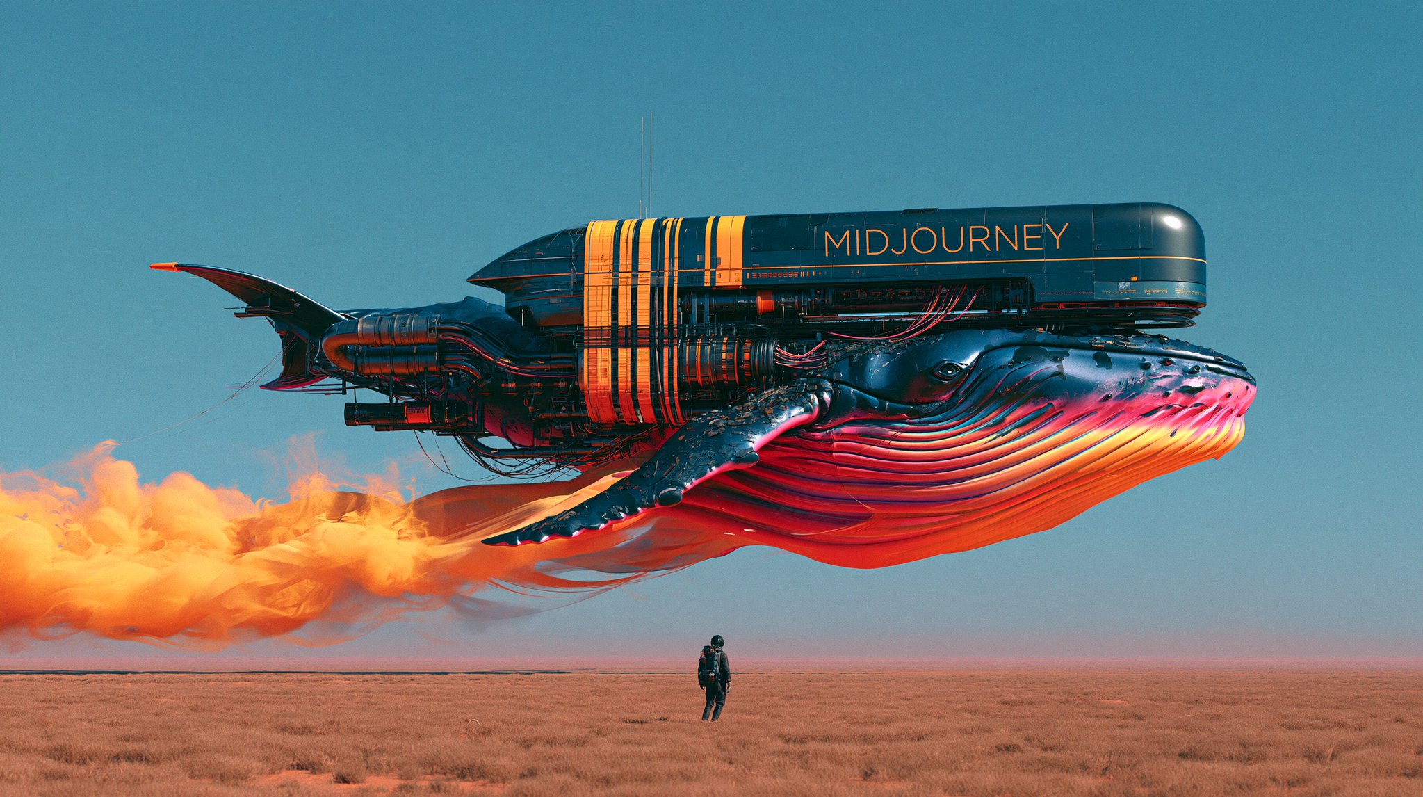 Midjourney --sref 1349010230 Mechanical whale flying over the desert, bright… — AI-generated image by @michaelrabone using Midjourney