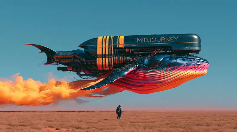 Midjourney --sref 1349010230 Mechanical whale flying over the desert, bright… — Midjourney prompt by @michaelrabone