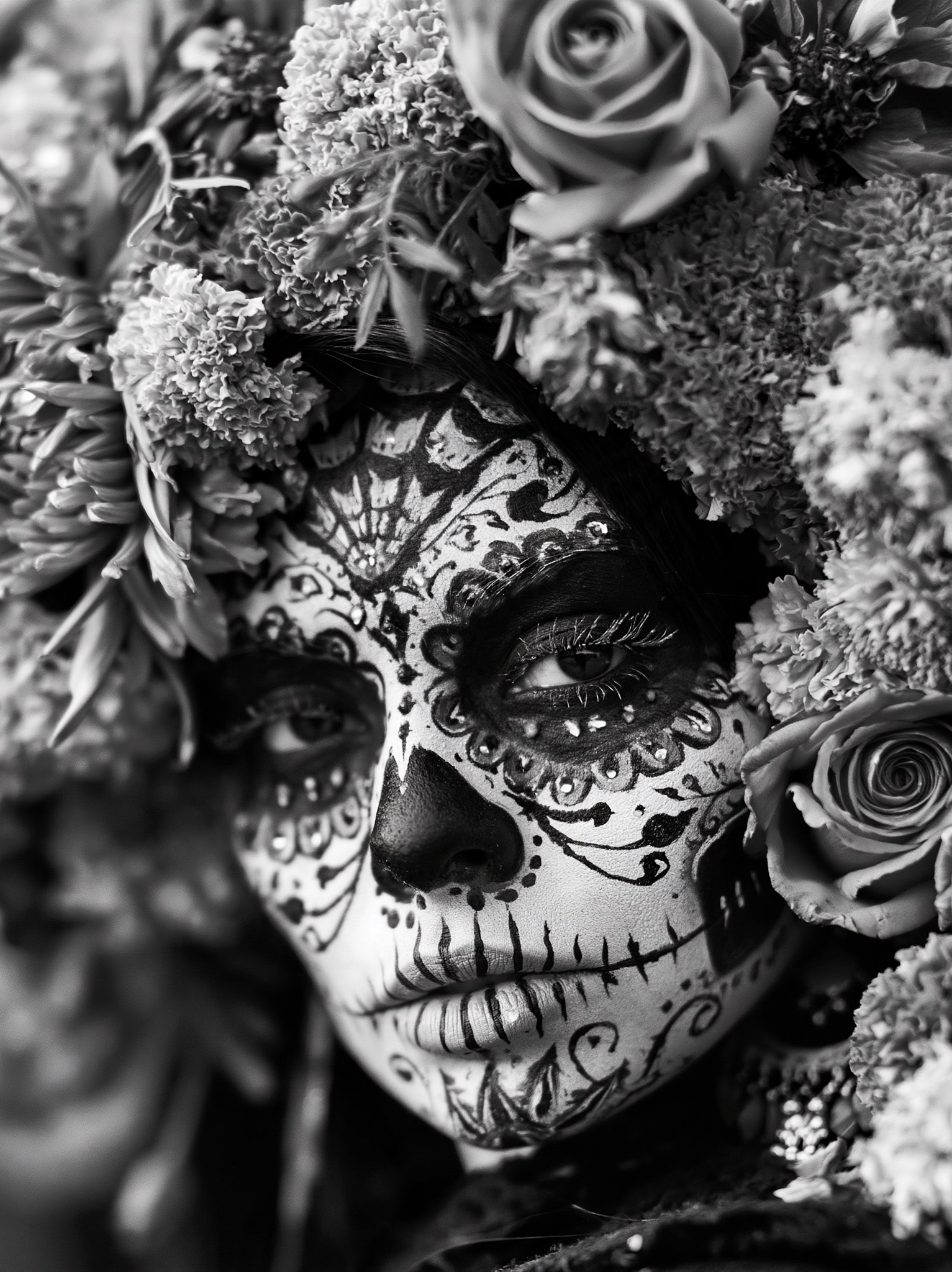 Black and white portrait of beautiful woman smiling with traditional sugar… — AI-generated image by @michaelrabone using Midjourney