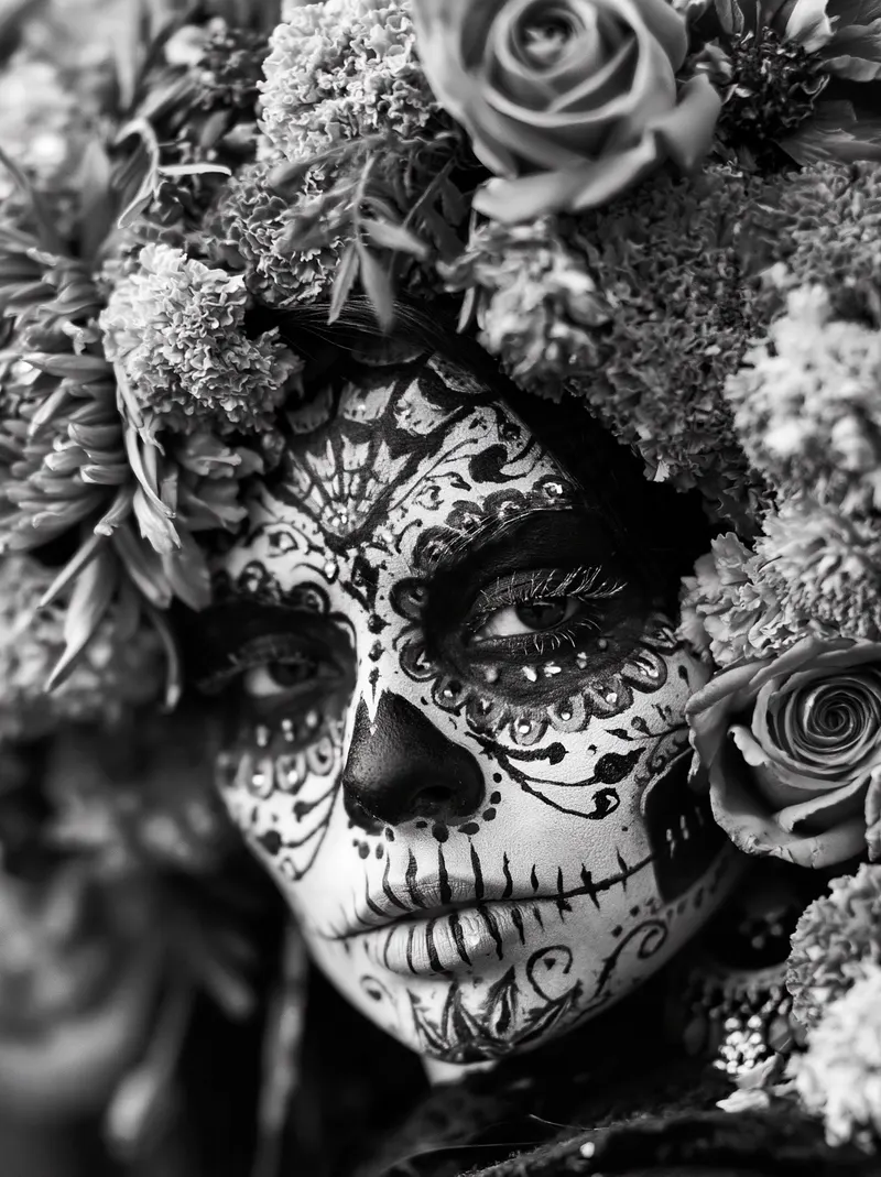 Black and white portrait of beautiful woman smiling with traditional sugar… — Midjourney prompt by @michaelrabone