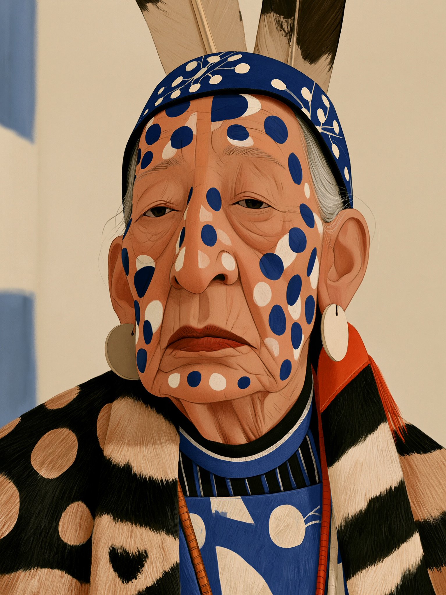 Midjourney --sref 3017406732 Elderly Powhatan woman with white tribal face… — AI-generated image by @michaelrabone using Midjourney