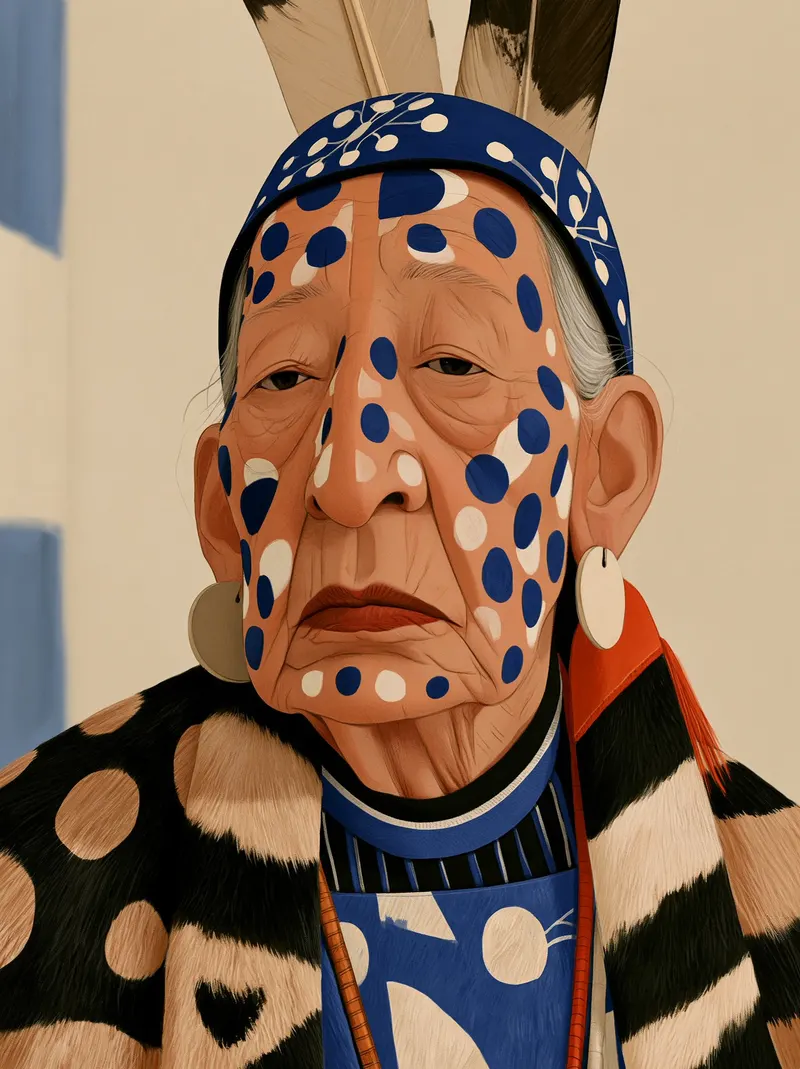 Midjourney --sref 3017406732 Elderly Powhatan woman with white tribal face… — Midjourney prompt by @michaelrabone