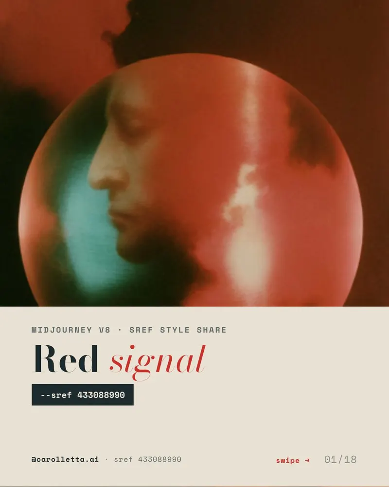 Red signal Midjourney V8 Sref Style Share @midjourney Faded 70s film stills in… — Midjourney prompt by @carolletta