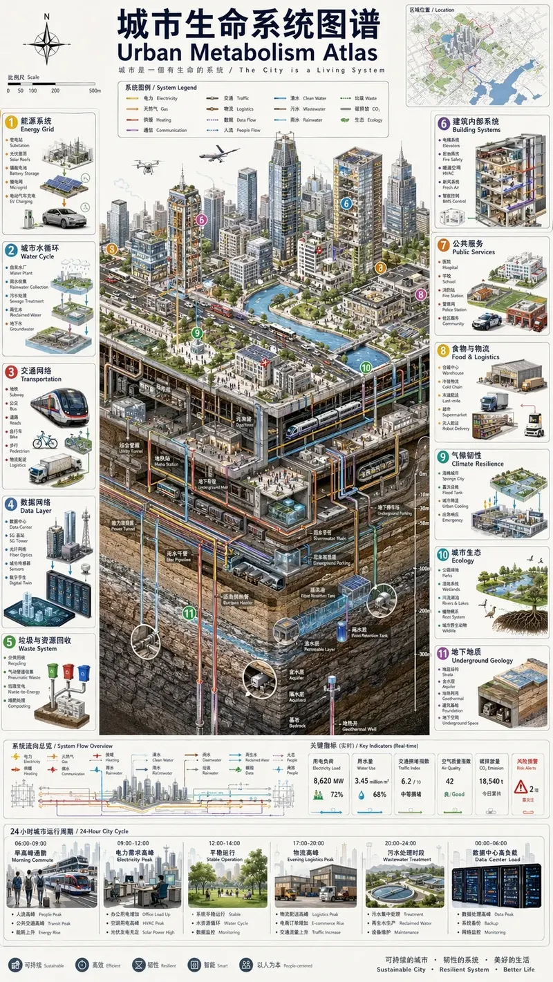 Vertical 9:16 isometric cutaway infographic "城市生命系统图谱 / Urban Metabolism… — GPT Image 2 prompt by @creator