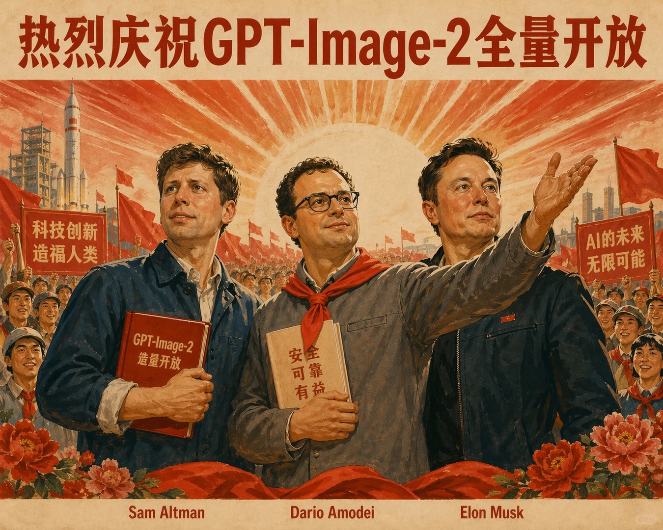 生成八十年代宣传画，标语“热烈庆祝GPT-Image-2全量开放”，人物包含Sam Altman、Dario Amodei、Elon Musk，Dario… — AI-generated image by @creator using GPT Image 2