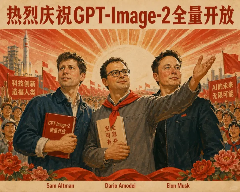 生成八十年代宣传画,标语“热烈庆祝GPT-Image-2全量开放”,人物包含Sam Altman、Dario Amodei、Elon Musk,Dario… — GPT Image 2 prompt by @creator