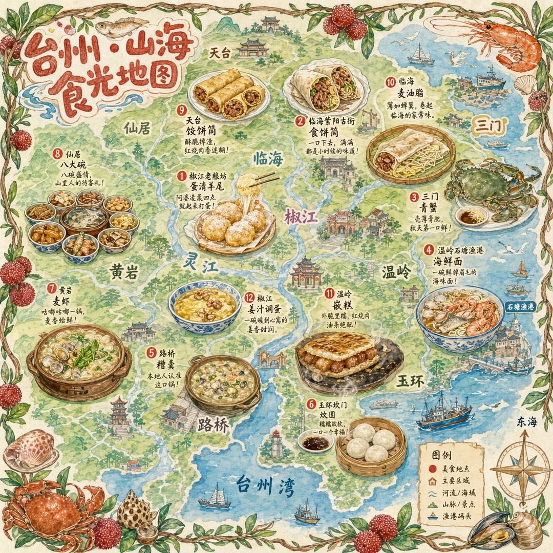 一张手绘风格的城市美食地图，以台州为主题。画面以鸟瞰视角的手绘简化城市地图为底，标注椒江、路桥、黄岩等区域和灵江、台州湾等水系地标，不追求精确比例而是追求可爱的… — AI-generated image by @creator using GPT Image 2