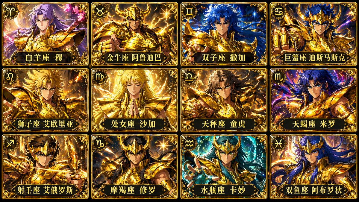Generate a 12-grid card image of the 12 Golden Saints from Saint Seiya, with… — AI-generated image by @songguoxiansen using GPT Image 2