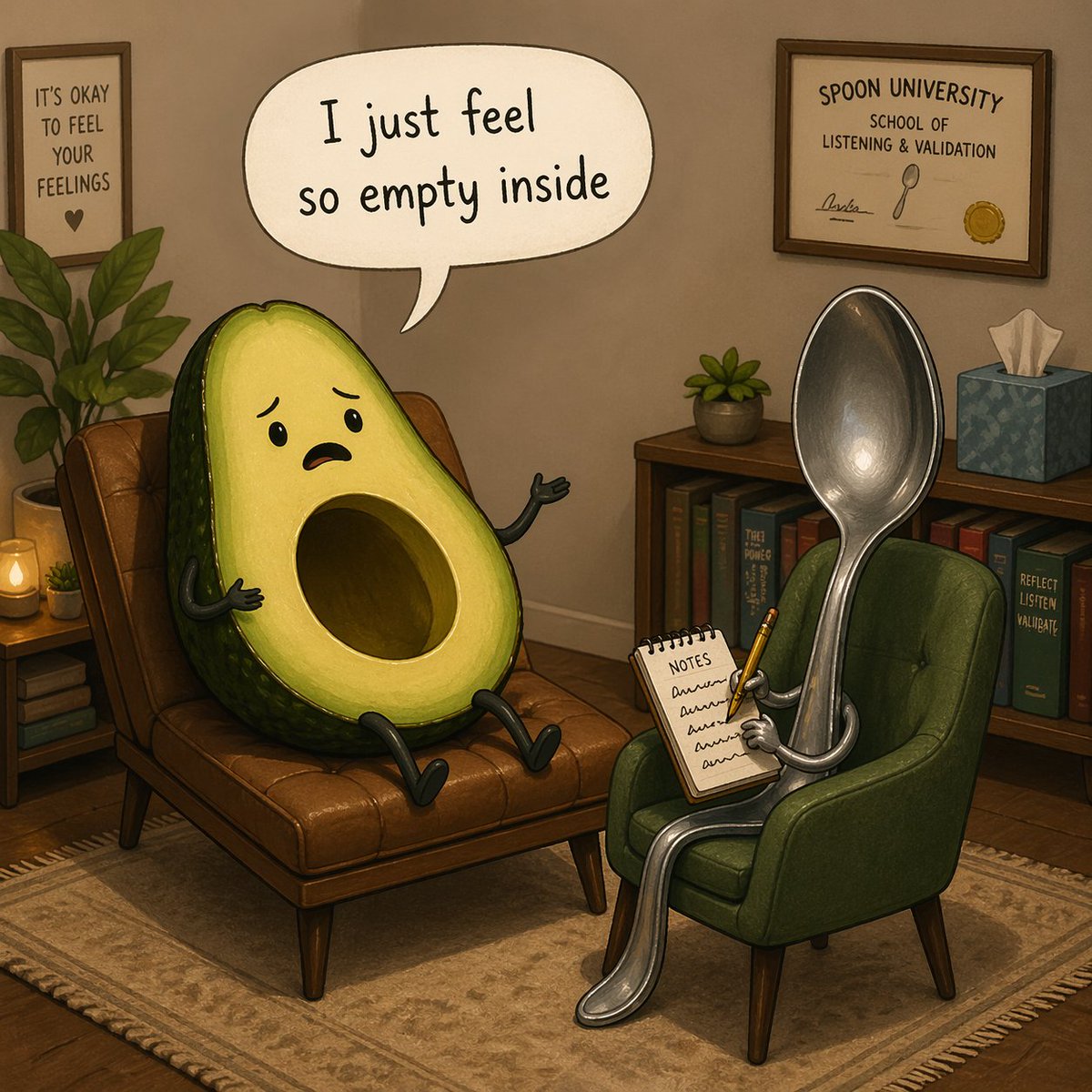 A humorous 3D cartoon illustration of a therapy session in a cozy office. On… — AI-generated image by @nicdunz using GPT Image 2