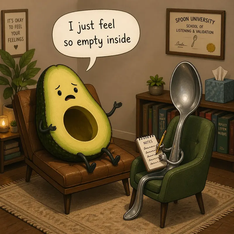 A humorous 3D cartoon illustration of a therapy session in a cozy office. On… — GPT Image 2 prompt by @nicdunz