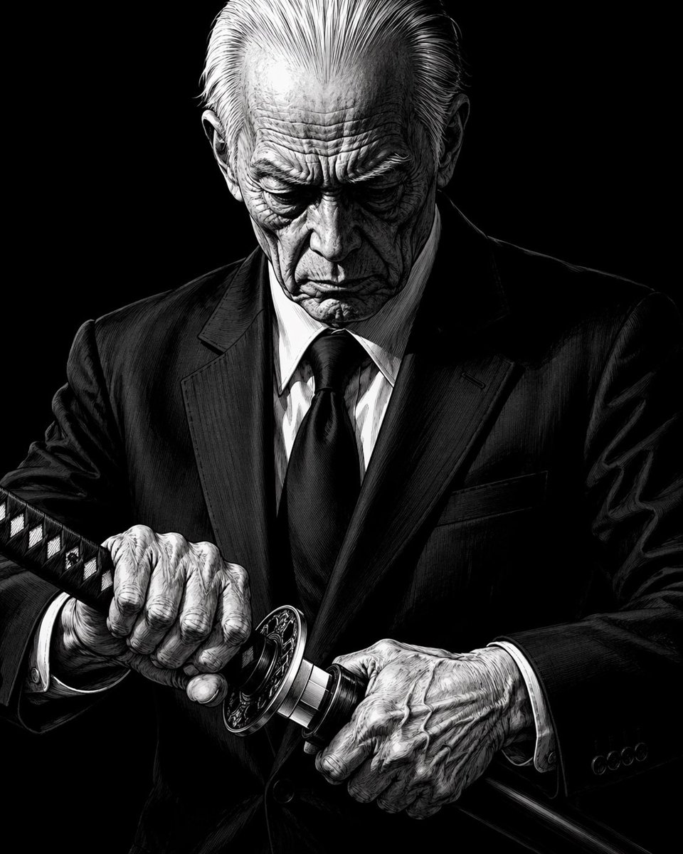 A high-contrast, black-and-white illustration of an elderly man in a sharp… — AI-generated image by @nicdunz using GPT Image 2