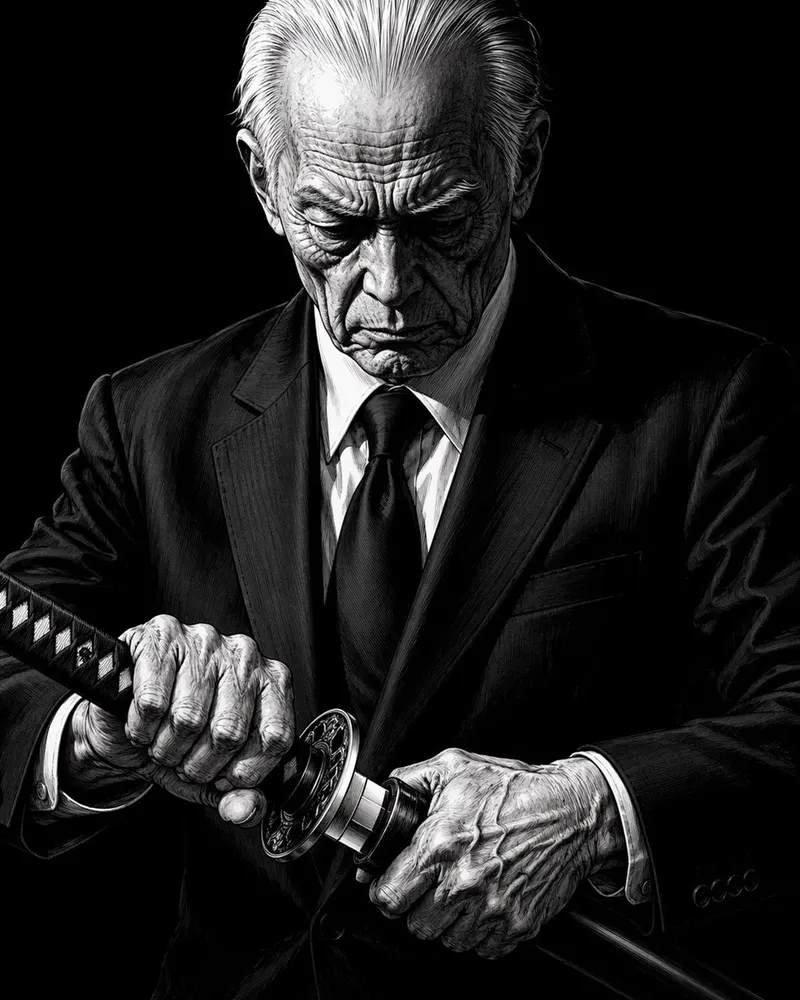 A high-contrast, black-and-white illustration of an elderly man in a sharp… — GPT Image 2 prompt by @nicdunz