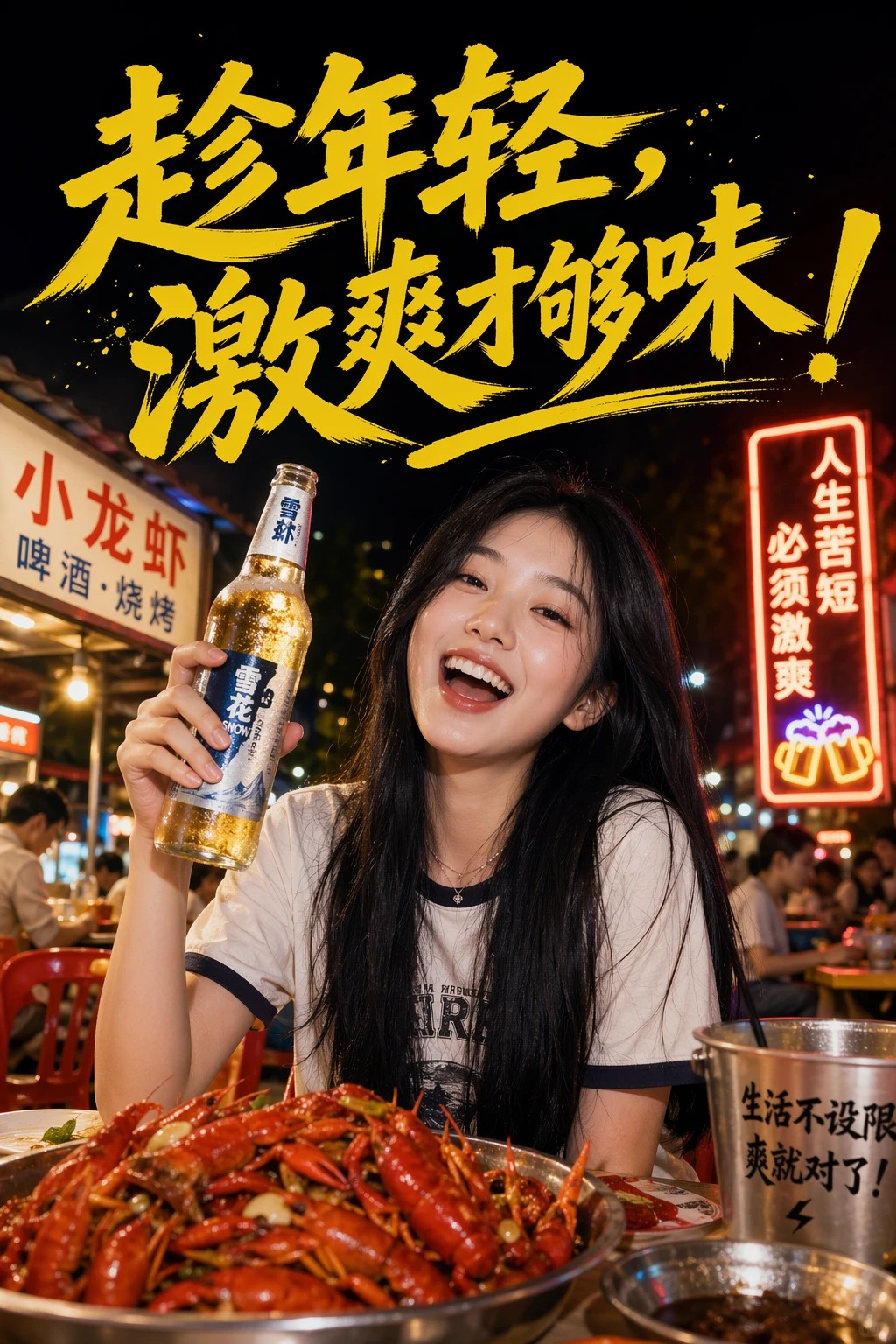 生成一张海报图片，图片人物是一个19岁的中国少女，黑色直长发，很开心的在夜宵摊上喝啤酒吃小龙虾。海报上用芥末黄色艺术字写着，趁年轻，激爽才够味！ — AI-generated image by @creator using GPT Image 2