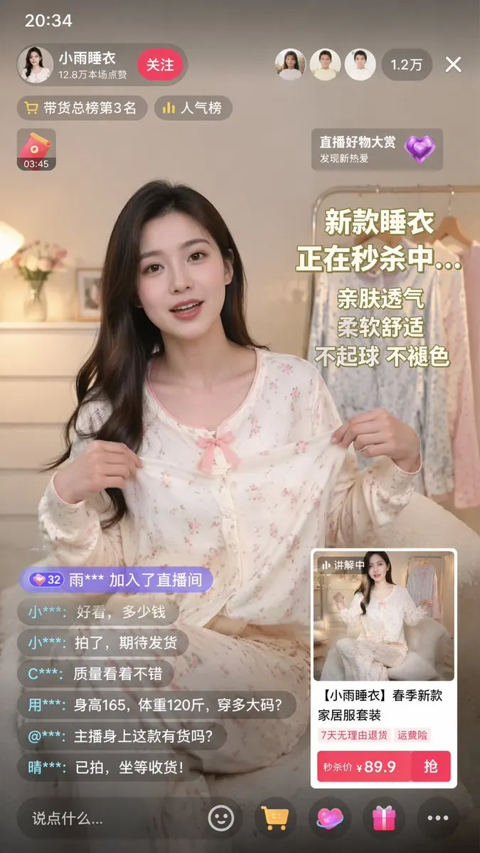 young Asian woman, long dark hair, wearing light-colored floral pajama set with… — GPT Image 2 prompt by @linxiaobei888