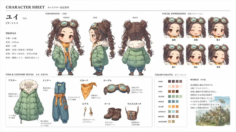 [中文] このキャラクターと背景を元に、 公式設定資料のようなキャラクターシートを作成してください。 ・正面、側面、背面の3面図を含める… — GPT Image 2 prompt by @creator