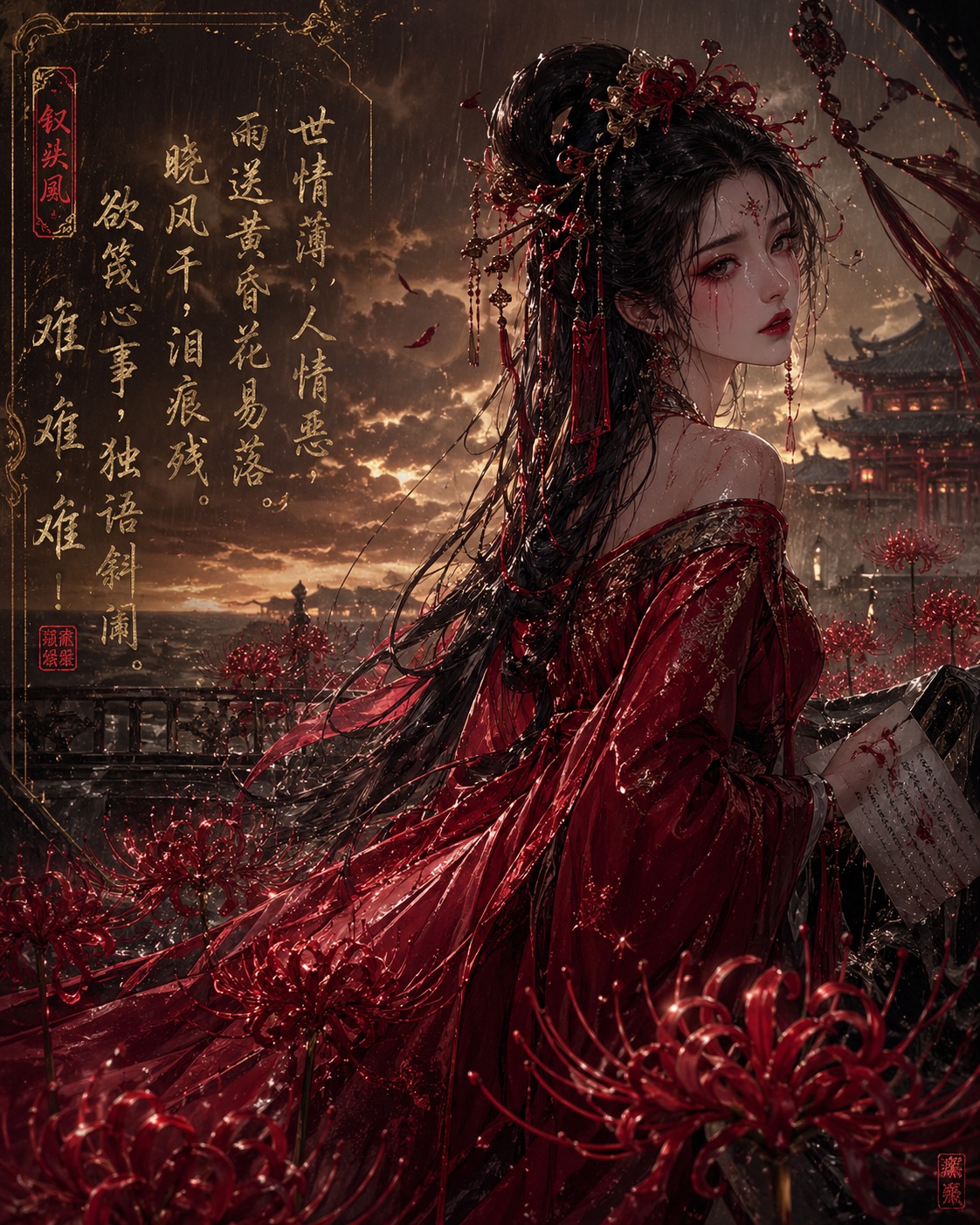 异质感oc，绝美红妆女子，位于彼岸花丛中，张力。 唐琬《钗头凤·世情薄》 世情薄，人情恶，雨送黄昏花易落。晓风干，泪痕残。欲笺心事，独语斜阑。难，难，难！ — AI-generated image by @xiaofenggan using GPT Image 2