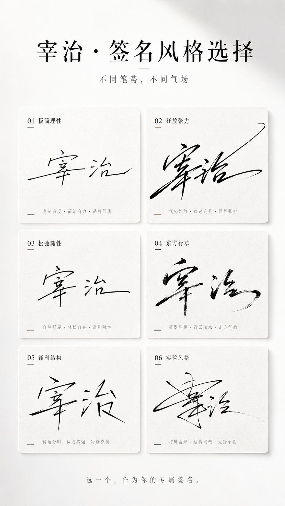 你是一个高端签名设计系统 + 风格人格视觉系统。 任务： 仅基于用户输入的「姓名」，生成一张「多风格签名选择海报（卡片式结构）」。… — AI-generated image by @creator using GPT Image 2