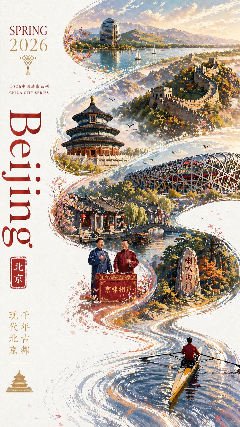 2026中国城市系列宣传海报，主题为【北京】。现代、多彩、明亮通透的国潮风，竖版9:16。大面积白色纹理留白背景，一条从右下向左上盘旋的红色丝绸形成S型主构图。… — AI-generated image by @creator using GPT Image 2